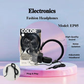 Fashion headphones with packaging and features on a gradient background